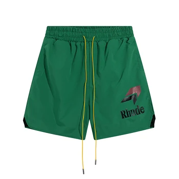 Rhude נוח בקיץ מכתב חדש לוגו רקום מכנסי גברים ונשים 1:1 באיכות טובה צהוב ירוק-שחור מכנסי רשת