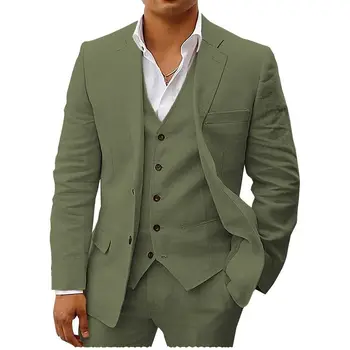 גברים חליפה 3 חלקים יחיד עם חזה דש הז ' קט עסקי מזדמן רזה בלייזר החתן שמלת מסיבת החתונה（בלייזר+אפוד+מכנסיים）