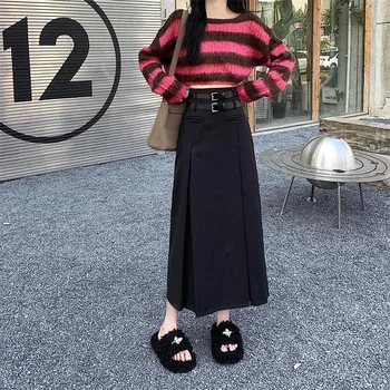 עיצוב מוצק, כפול, חגורה שחורה חצאית נשית אביב קיץ 2023 אופנה חדשה קפלים גבוהה המותניים רב קו החליפה חצאיות נשים